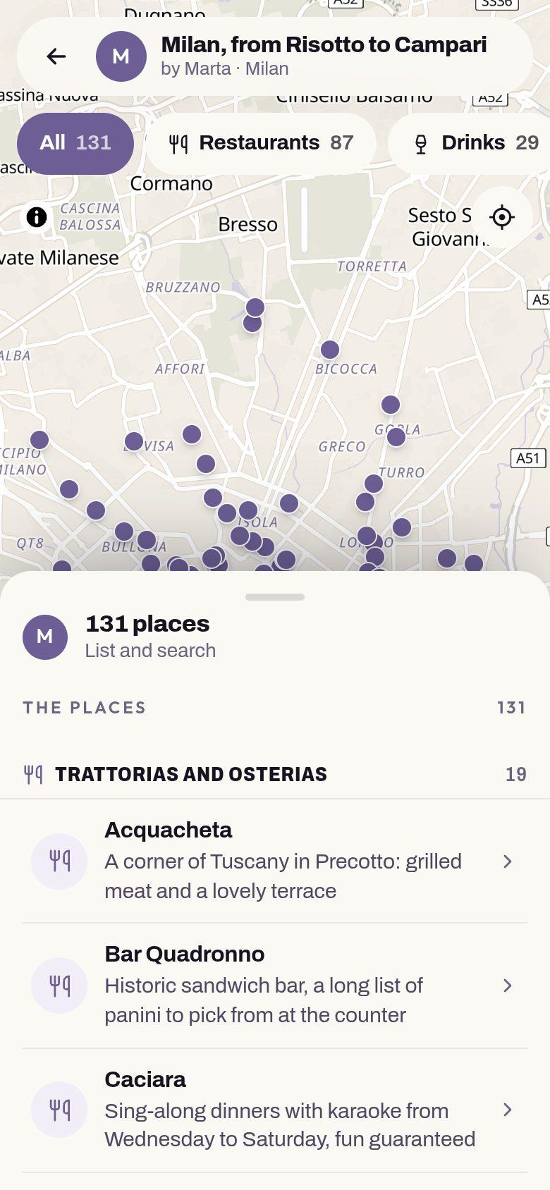 The list of Milan, on a phone