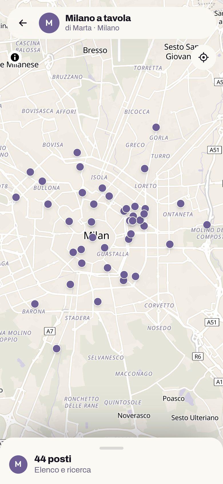 La mappa di Milano a tavola, sul telefono